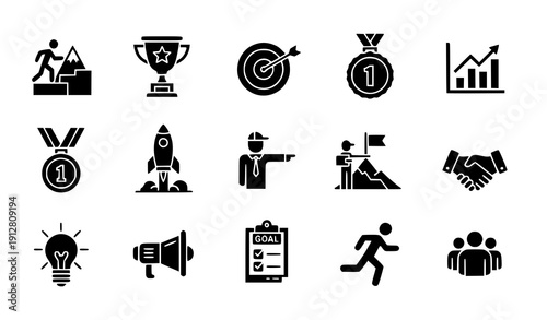Success and Motivation Glyph Icon Set Vector Illustration for Leadership, Determination, and Growth