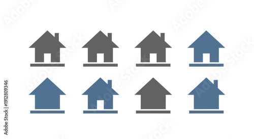 Set of House Icons: Blue and Gray Variations on White Background