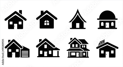 Set of Diverse House Icons, Architectural Styles, Real Estate Symbols