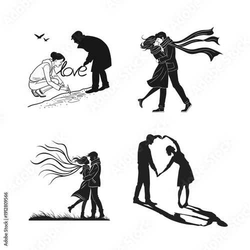 Silhouette Illustrations of Romantic Couples in Various Scenarios Such as Dates, Travel, Picnics, and Everyday Love Stories