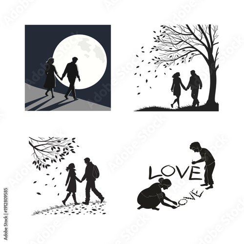 Silhouette Couple Walking Together in Nature Scenes with Forest Trails, Mountains, and Sunset Backdrops for Travel and Love Themes
