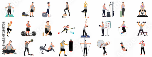 Diverse Fitness and Workout Activities Collection Featuring People Exercising with Gym Equipment, Including Strength Training, Yoga, and Cardio.