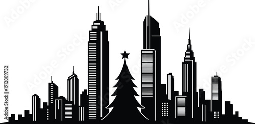 Black and White Monochrome Vector Silhouette Illustration of Modern City Skyline with Skyscrapers and Large Christmas Tree with Star, Urban Holiday Season Greeting Card Design