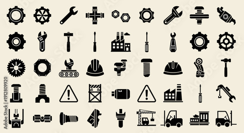 Industrial Icons Set: Gears, Tools, Machinery, Construction, Factory, Robot, Forklift