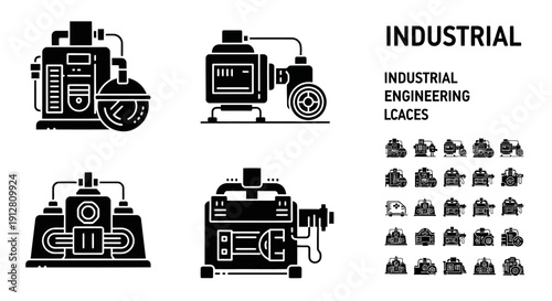 Industrial Engineering Icons and Machinery Illustrations
