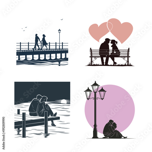 Romantic Silhouette Couples in Various Scenic Settings Including Beaches, Parks, and Mountains for Wedding and Lifestyle Designs