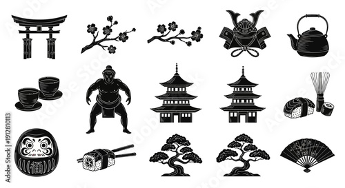 Japanese Culture Icons: Traditional Symbols Collection, Black and White Vector Art