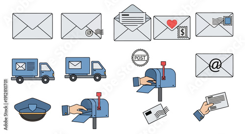 Mail Delivery Icons: Envelopes, Trucks, Mailboxes, Postman Hat, Hand Sending Letter