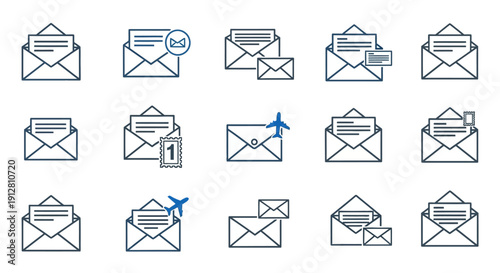 Email Icons Set: Envelopes, Mail, Post, Communication, Delivery, Travel Icons