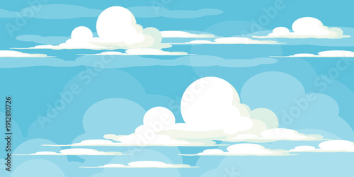 Illustration of a blue sky with white clouds in a flat style. Blue sky background and white clouds. Cartoon sky	