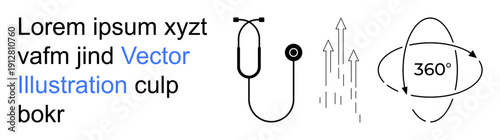 Healthcare, diagnosis, technology, medical services, innovation, health monitoring. Stethoscope with upward arrows and 360-degree symbol. Healthcare and diagnosis innovation concept