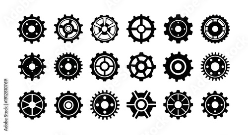 Set of Black Gear Icons, Cogwheel Symbols, Mechanical Parts, Industry and Technology Concepts