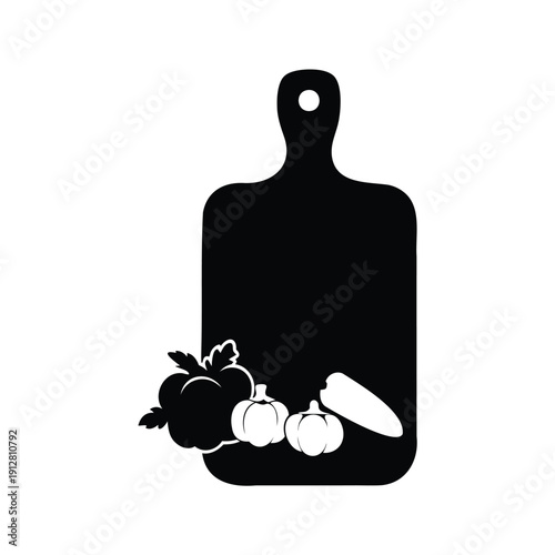 Silhouette of fresh vegetables on a cutting board, perfect for culinary designs and food vector illustration, chopping board with veggies silhouette vector illustration