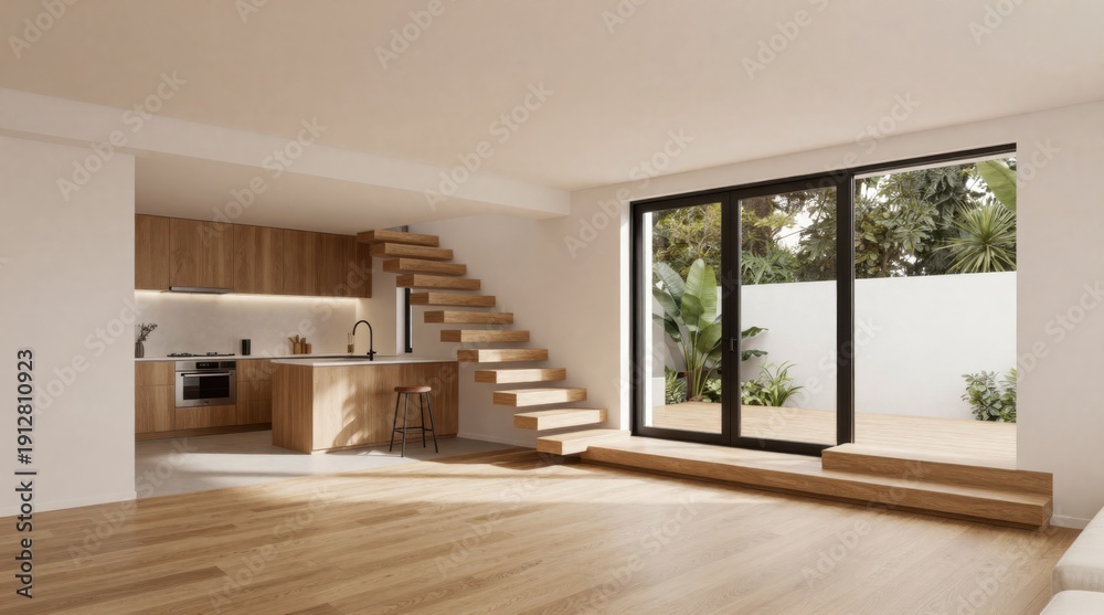 Fototapeta premium Modern Open Plan Living Space with Kitchen, Floating Stairs, and Outdoor Patio View