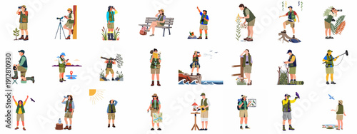 Wildlife and Nature Enthusiasts Vector Set: People Birdwatching, Hiking, Researching, and Photographing in the Outdoors for Ecological Study.