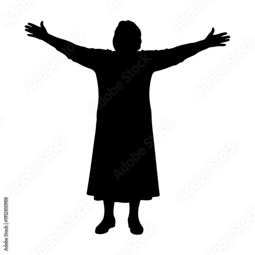 Elderly woman celebrating with raised arms, active aging happiness concept silhouette isolated on white background
