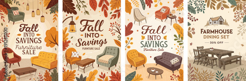 Charming autumn-themed furniture sale advertisement featuring cozy seating options.