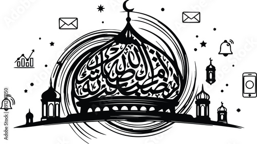 Ramadan Kareem Islamic calligraphy on mosque dome with abstract swirl, stars, lanterns, and communication icons like email and mobile phone, black and white sketch style