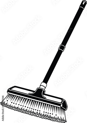 Black silhouette of a long-handled push broom or floor scrubber brush, isolated vector graphic illustration for cleaning and maintenance tools.