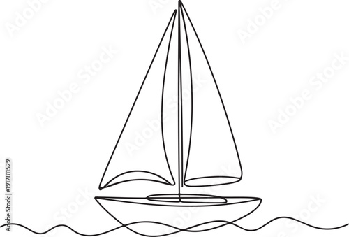 continuous line drawing of a sailboat with a single sail floating on gentle waves.one line victor illustration in white Background
