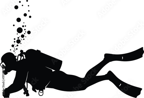 Black Silhouette of Scuba Diver Swimming Underwater with Air Tank, Goggles, and Fins, Releasing Bubbles, Diving Sport Vector Illustration