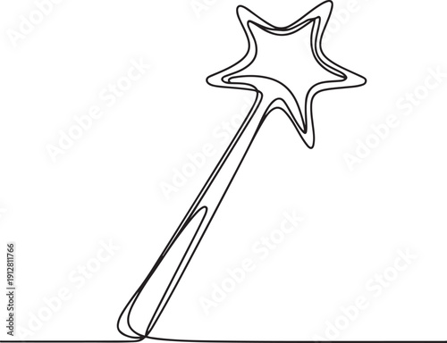 continuous line drawing of magic wand with star head.one line victor illustration in white Background