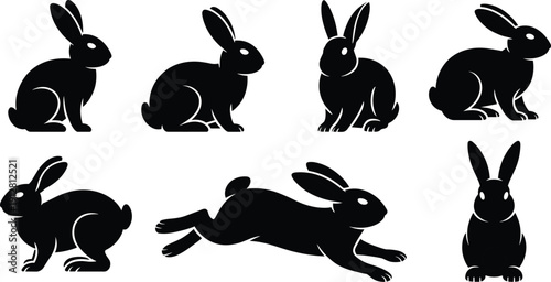 Minimalist black silhouette rabbits in various poses, stylized animal illustrations with white outlines, isolated design elements for creative projects