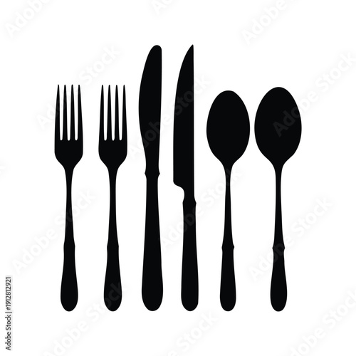 Set of various cutlery items including forks, knives, and spoons in a silhouette vector illustration, cutlery set silhouette vector illustration