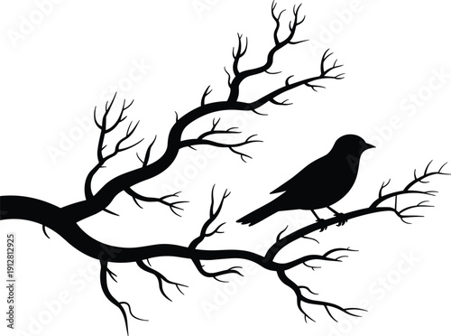Silhouette bird perched on bare tree branch with twigs, minimal black white contrast artwork symbolizing solitude and nature