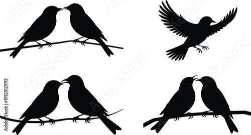 Silhouette birds perched on branches, flying bird in motion, minimalistic nature illustration, wildlife concept, romantic avian art