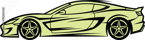 Light green sports car with black accents and five spoke wheels