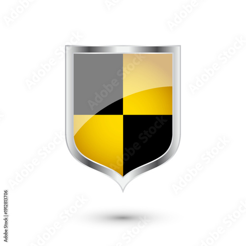 Glossy shield with yellow and black pattern. Security and protection concept. Cyber safety icons, internet privacy, web defense, digital data protection and antivirus themes. Vector illustration