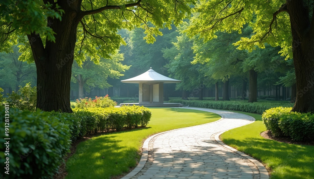Obraz premium Curved stone pathway leads through sunlit park grounds with manicured hedges and large trees. A modern gazebo stands beyond manicured lawn and flower beds.