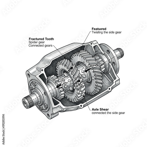 Detailed Mechanical Gearbox with Labeled Components.