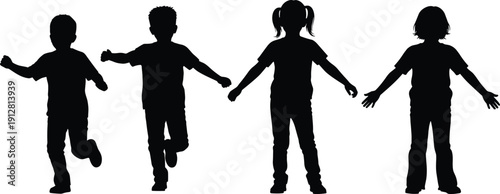 Black silhouettes of diverse group of happy children jumping running and playing together isolated on white background for childhood education family fun and design