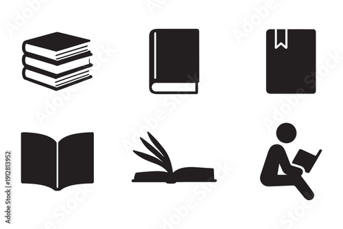 Education Book Silhouette Vector Set – Open Book, Closed Book, Stack and Reading Icon Pack