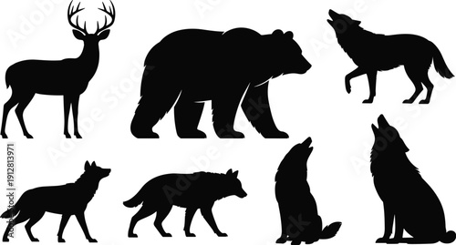 Wildlife animal silhouettes collection, deer bear wolf howling isolated black vector illustration set on white background