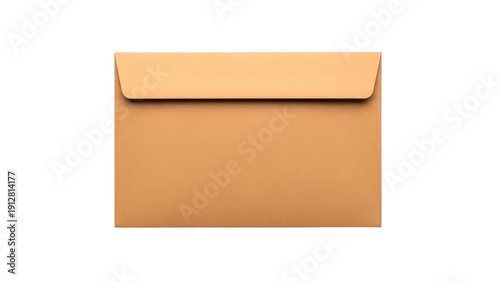 A tan leather envelope with a flap closure resting on a white background
