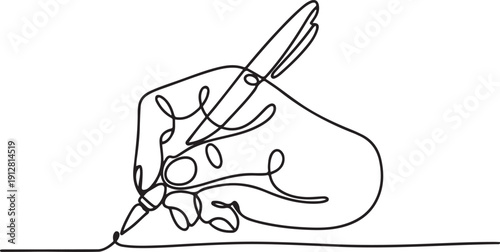 hands writing with pens, continuous line art.one line victor illustration in white Background
