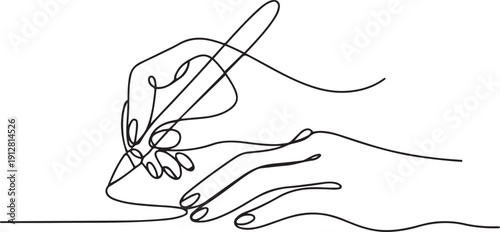 hands writing with pens, continuous line art.one line victor illustration in white Background