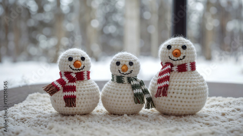 Adorable Crochet Snowman Family of Three with Red Green Scarves on White Fluffy Surface Against Snowy Window Background - Handmade Winter Craft Decor.