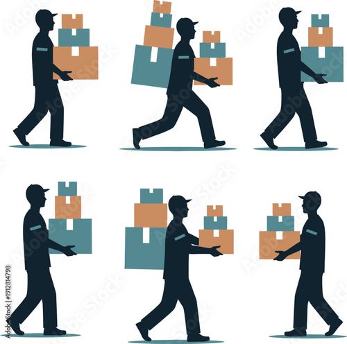 Multi Pose Delivery Worker Action Silhouette Set