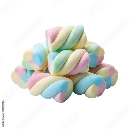Pastel rainbow marshmallows in twisted shape, soft candy texture isolated on black
