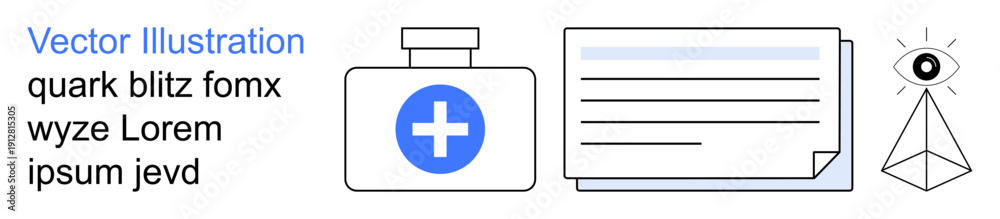 Fototapeta premium Healthcare, medical documentation, awareness, data storage, symbolism, futuristic design. Cross-mark medicine bottle, document sheet pyramid with an eye. Healthcare and medical documentation concept