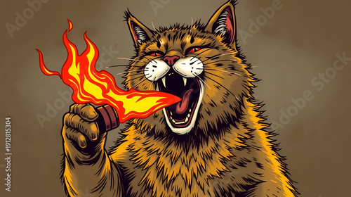 The Hangover cat spitting fire. grunge, animals. Illustrations