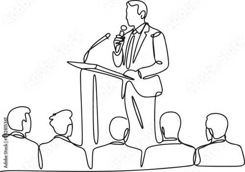 Single one line drawing of a male speaker at a podium with microphone presenting to an audience at a business conference.one line victor illustration in white Background