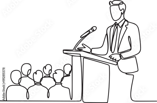 Single one line drawing of a male speaker at a podium with microphone presenting to an audience at a business conference.one line victor illustration in white Background