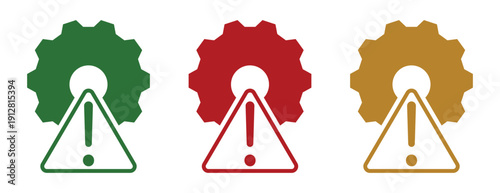 Industrial warning alert icons, gear shapes with exclamation mark triangle symbols for maintenance