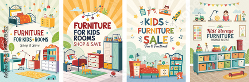 Colorful and playful illustrations of kids' furniture for sale.