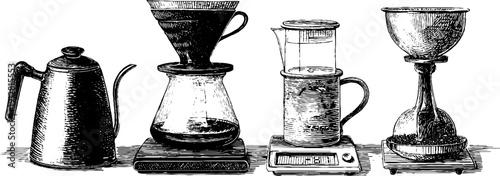 Vintage coffee brewing kit and dripper illustrations for design projects